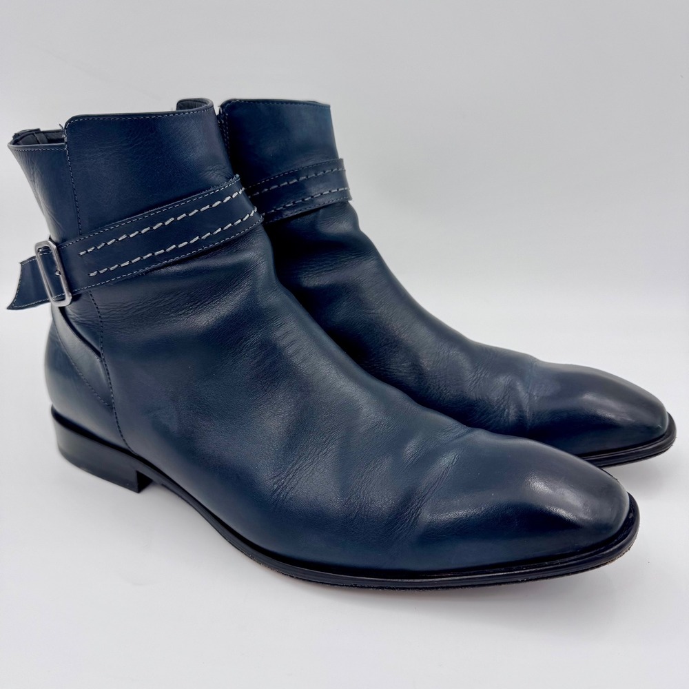 EUC Franco Cuadra Mens Handmade Navy Blue Leather Side Zip Ankle Boots 29.5